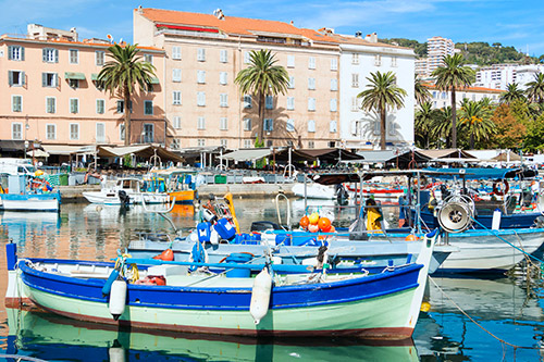 Port corse animé avec des bateaux de pêche colorés flottant sur l'eau claire, entourés de palmiers et de bâtiments méditerranéens typiques.