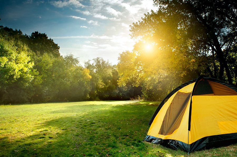 Image d'un camping paisible en montagne. Une tente jaune resplendit sous le soleil, entourée de nature, symbolisant détente et escapade.