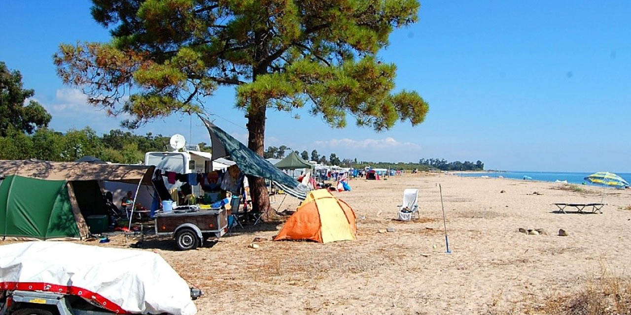 Familles profitant du camping en bord de mer sous un ciel bleu, entourées de tentes colorées et d'arbres ombragés, avec le bruit des vagues.