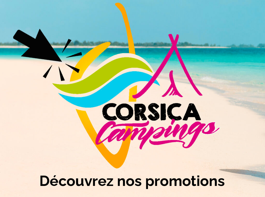 Cette image représente des offres de camping en Corse, avec des couleurs vives qui évoquent une ambiance estivale et relaxante. Un logo attrayant met en avant l'esprit des vacances et les promotions disponibles.