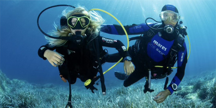Deux plongeurs sous-marins explorent la biodiversité marine, illuminés par la lumière du soleil sur la mer bleue, capturant l'harmonie avec l'océan et mettant en avant l'importance de préserver les écosystèmes marins.